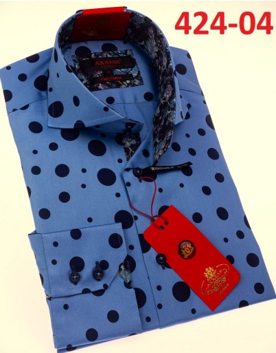 Axxess Blue Polka Dot Cotton Modern Fit Dress Shirt With Button Cuff 424-04
